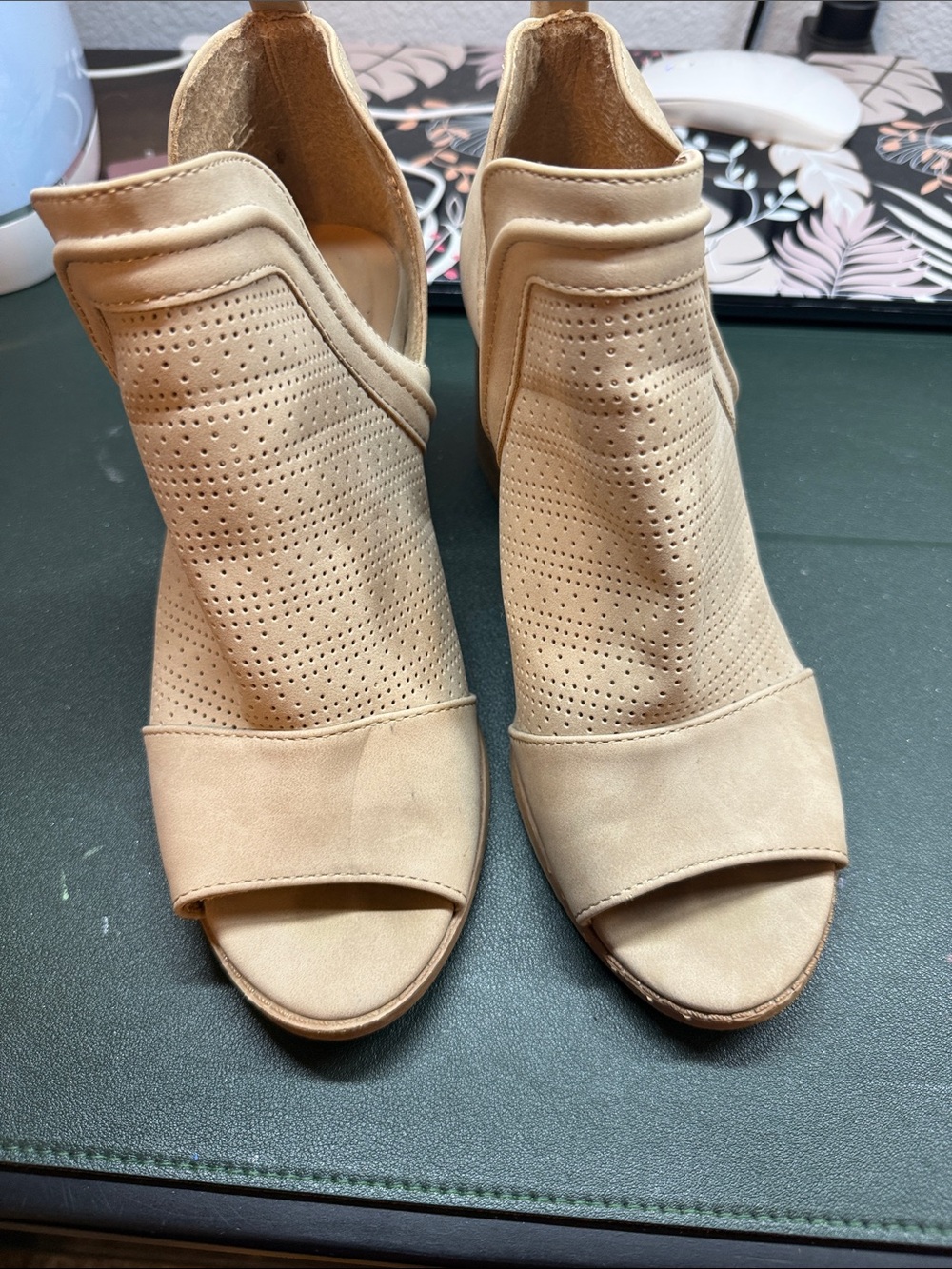 Qupid Beige Perforated Open-Toe Mule Booties